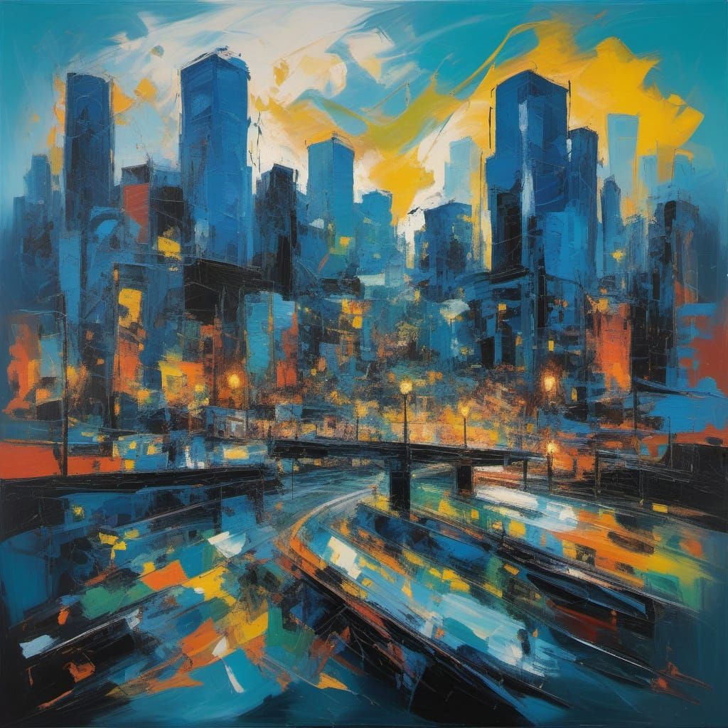 Abstract Cityscape at Dusk in Expressionist Style