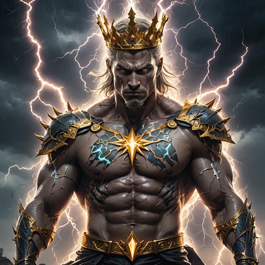 Heroic Figure with Crown and Neon Tattoos in Comic Style