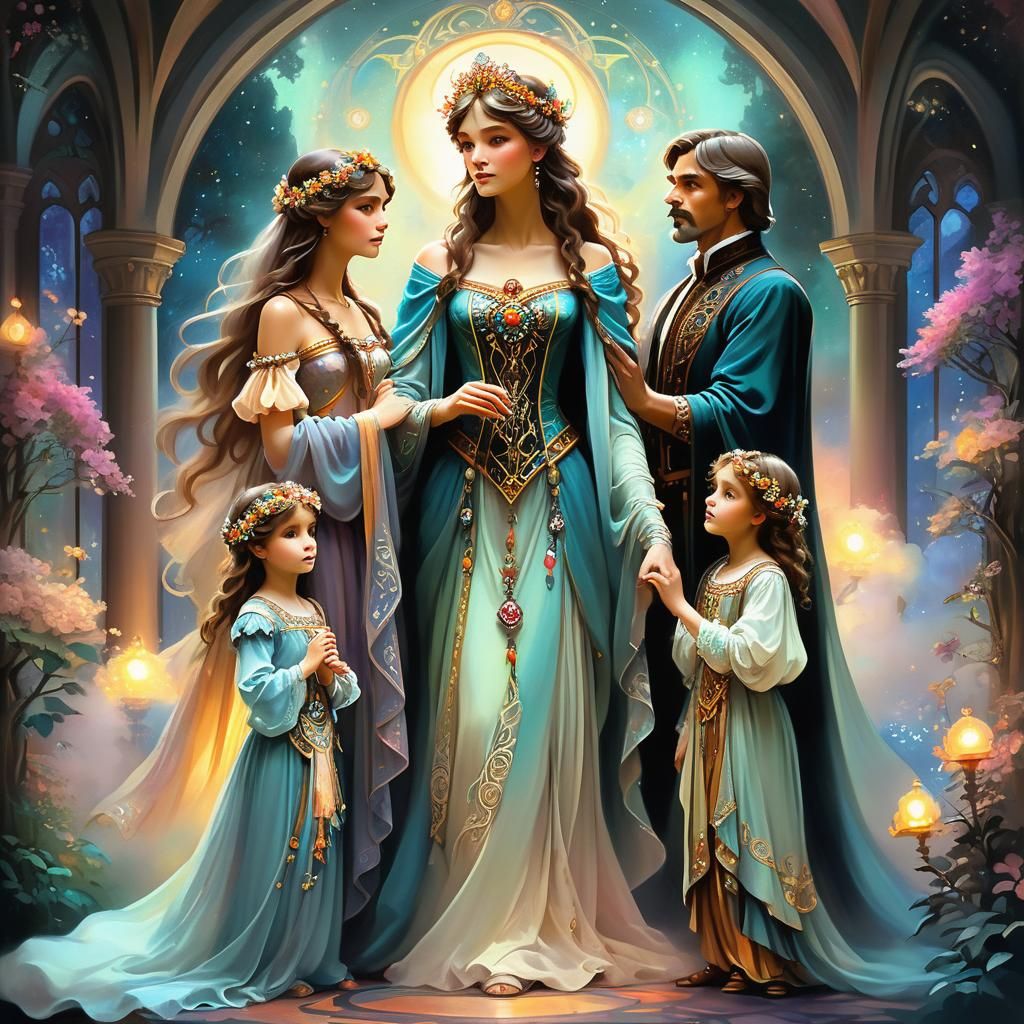 Regal Family Teaching Children in Ethereal Fantasy