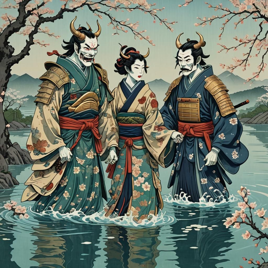 Hannya and Samurai in Love: Ukiyo-e Style