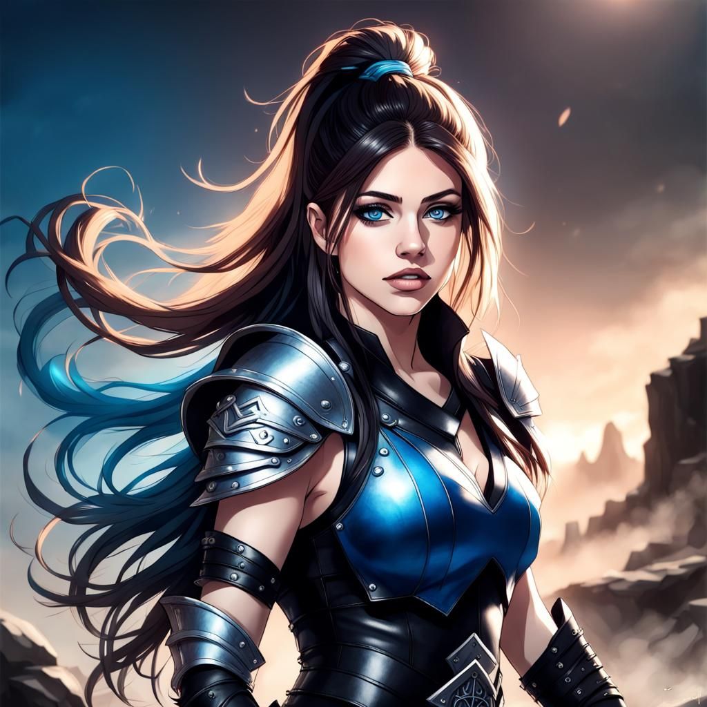 Fantasy Warrior with Flowing Hair and Blue Eyes