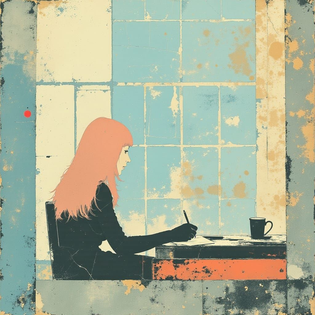 Woman Writing at Sunny Window with Pink Hair