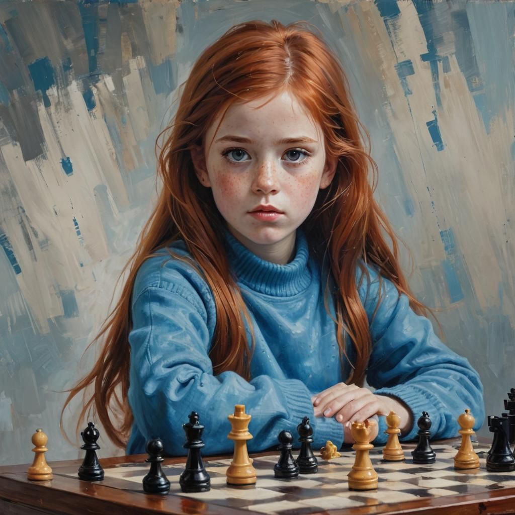 Girl Playing Chess in Oil Painting Style