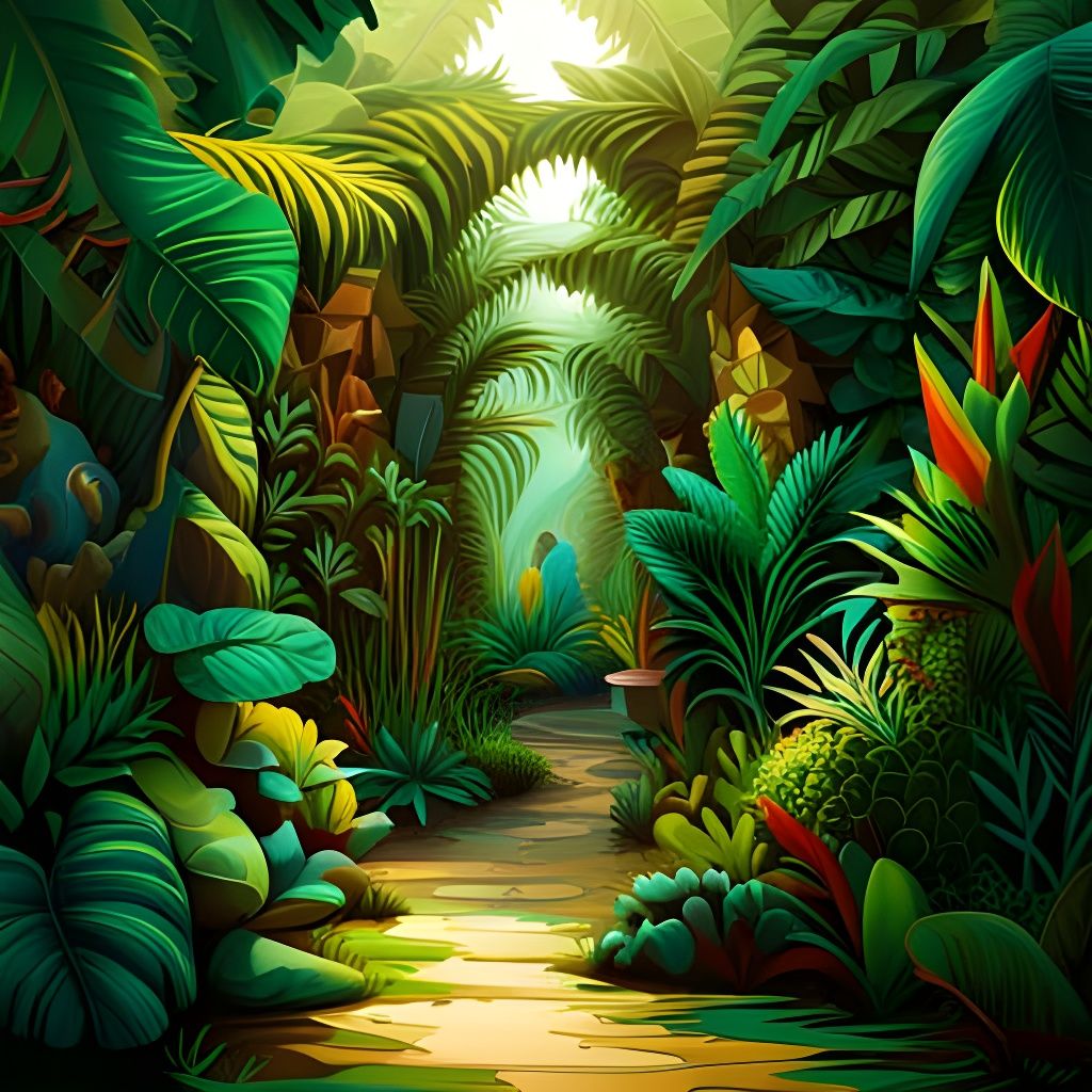 Cubist Jungle Entrance in Green Hues