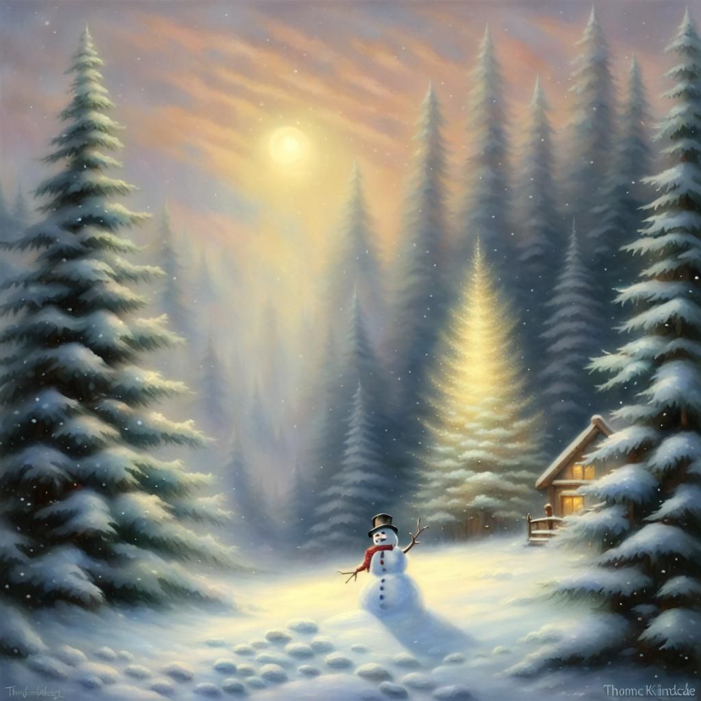 Ethereal Snowman Among Fir Trees in Fantasy Style