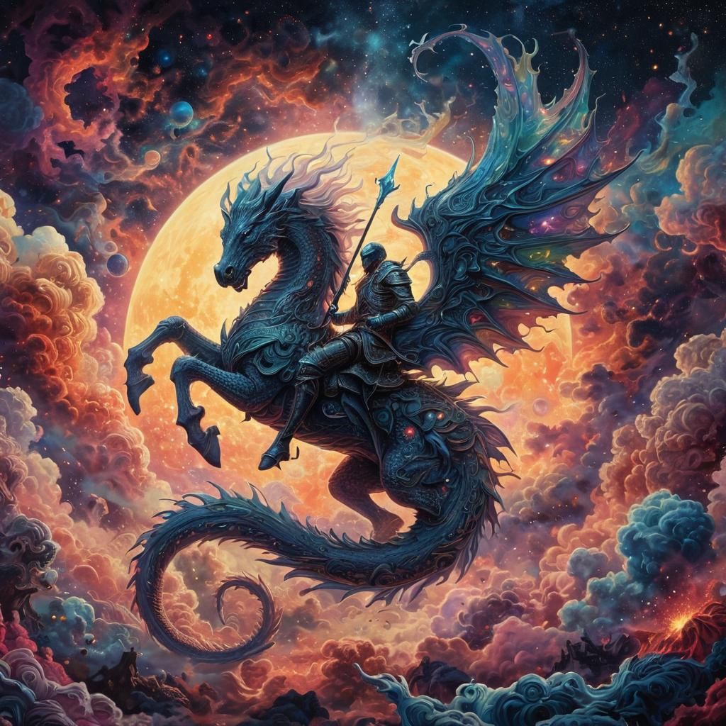 Psychedelic Knight on Dragon in Cosmos Nebula