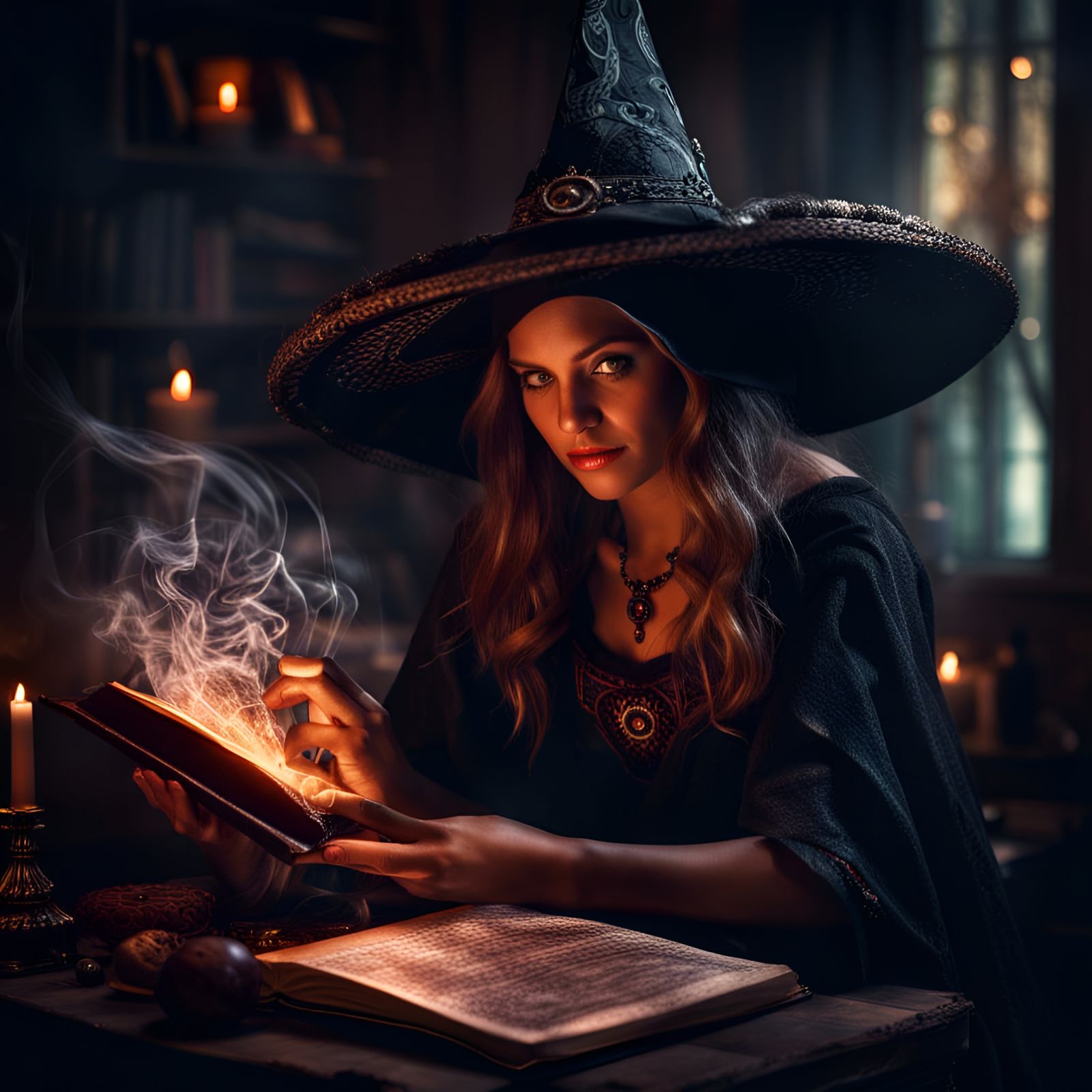Beautiful Witch Conjuring Spell From Book