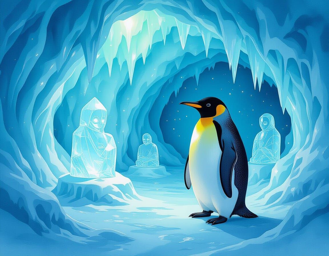 Penguin Oversees Antarctic Ice Art Gallery in Watercolor Sty...