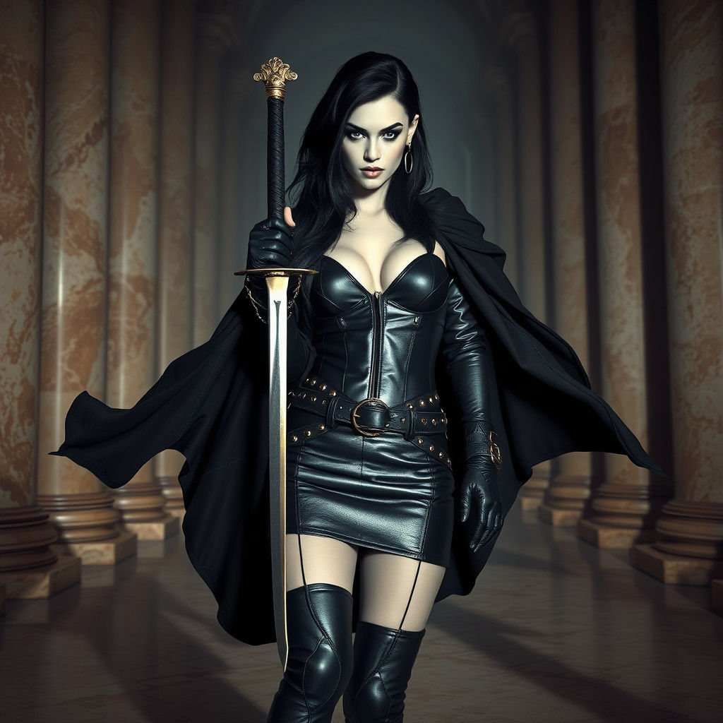 Raven-Haired Woman in Leather Armor with Saber