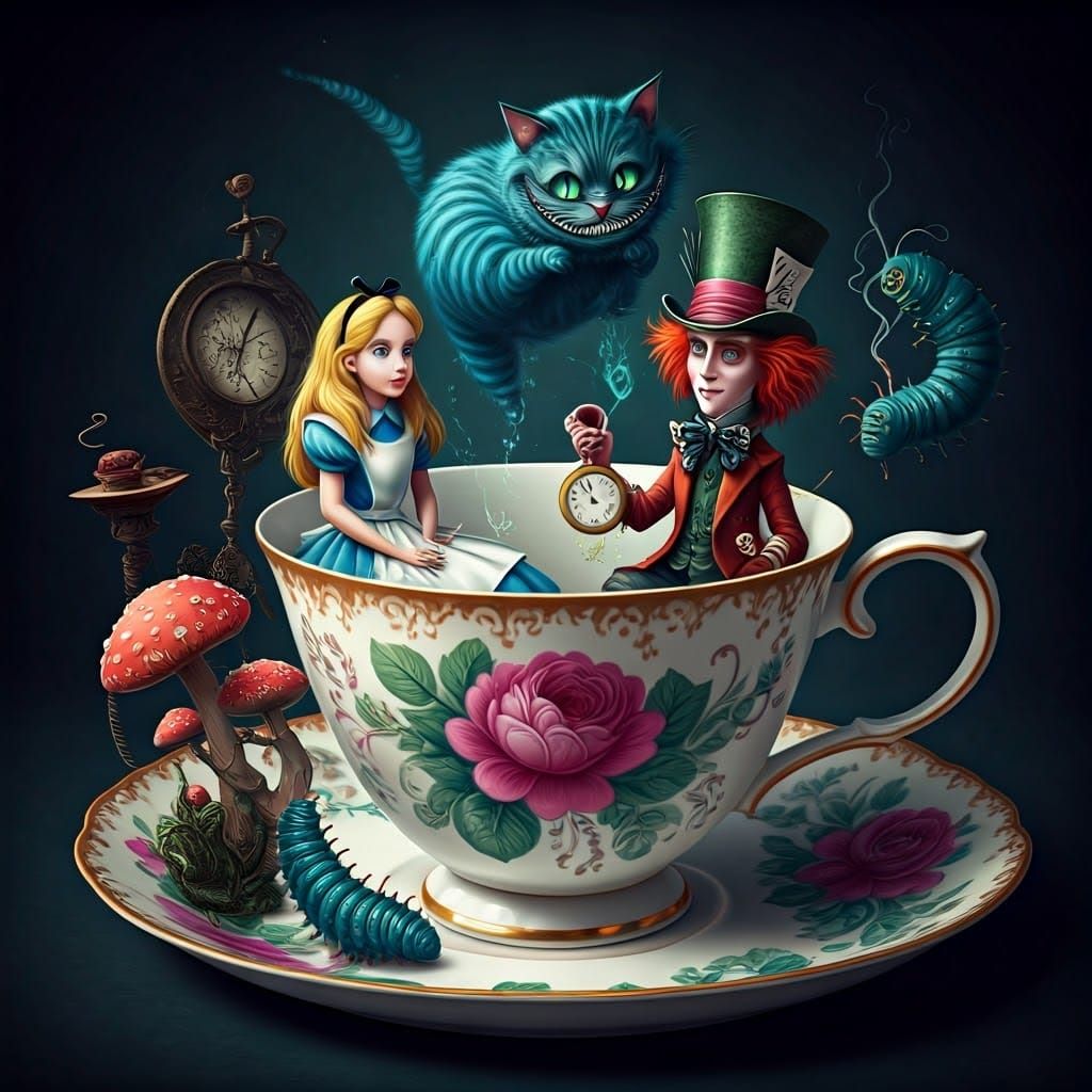 Wonderland Teacup Scene in a Surreal Style