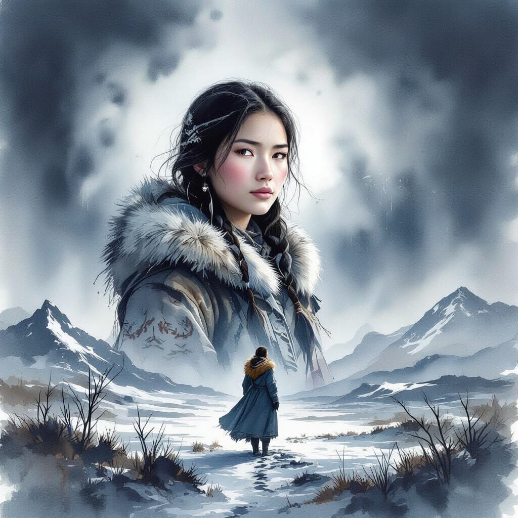 Inuit Woman in Tundra Watercolor Painting