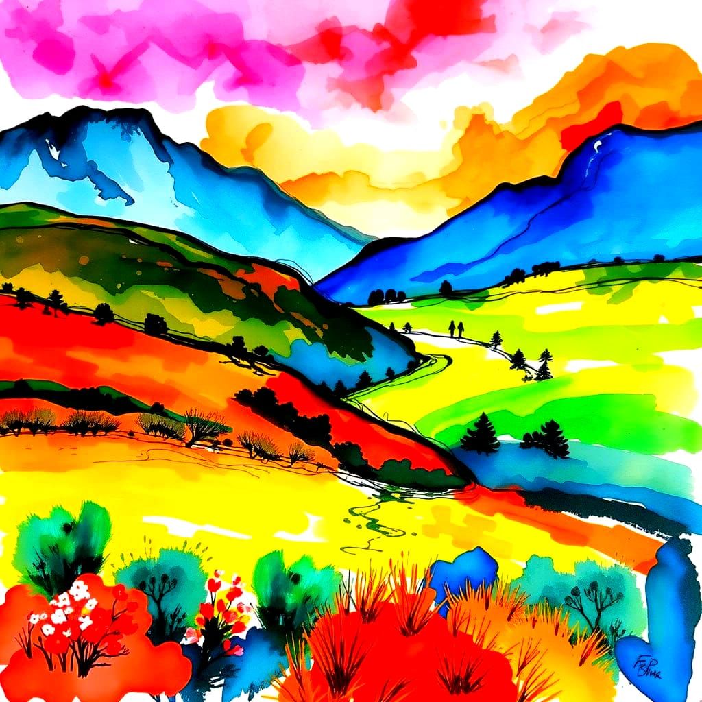 Runny Watercolor Landscape with Bold Colors