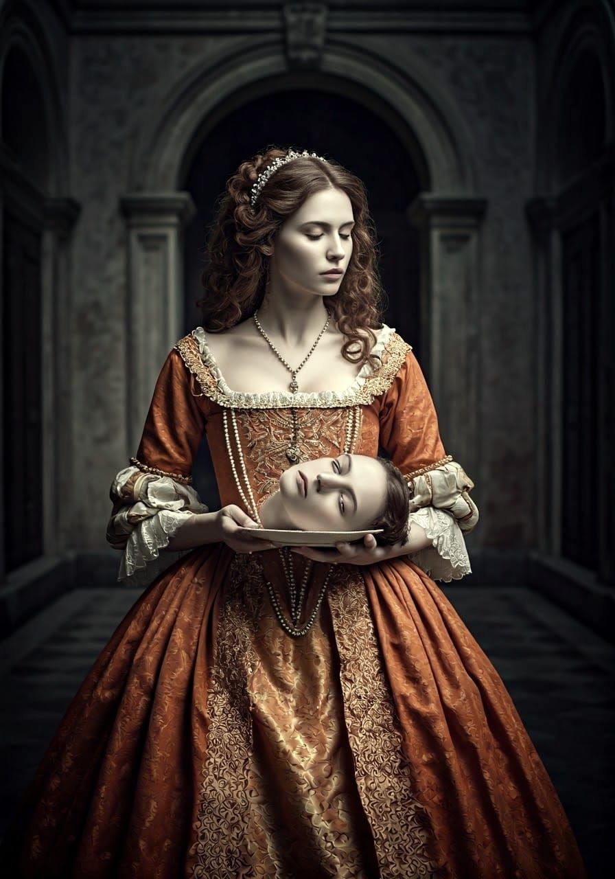 Eerie Renaissance Woman with Head on Plate