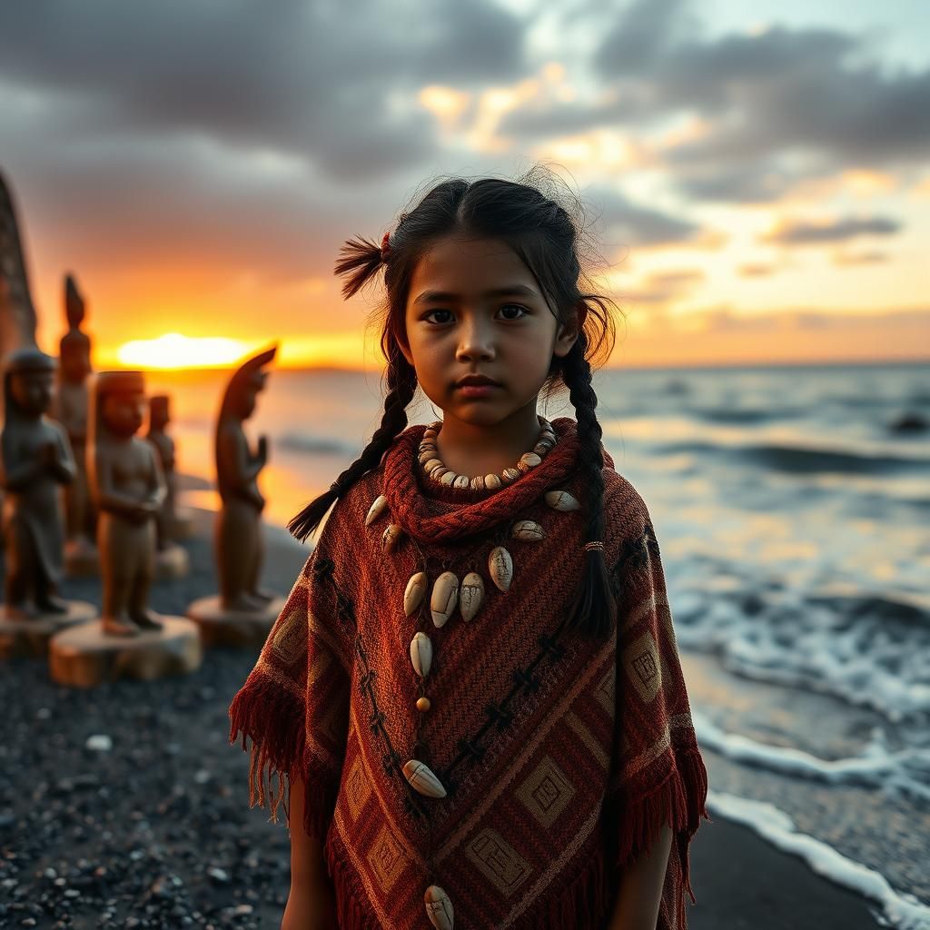 Maori Girl at Sunset with Wooden Sculptures