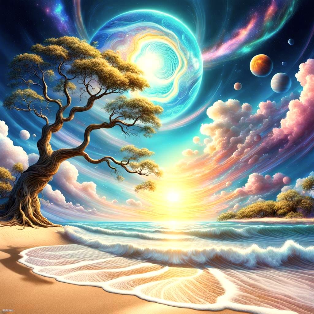 Cosmic Seashore: Holographic Astral Illustration