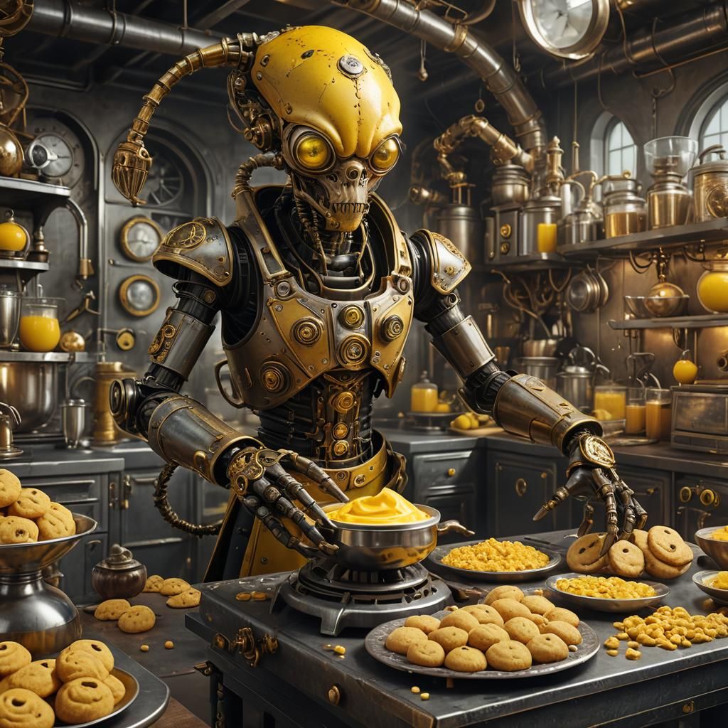 Steampunk Alien Cookie Creation in Futuristic Kitchen