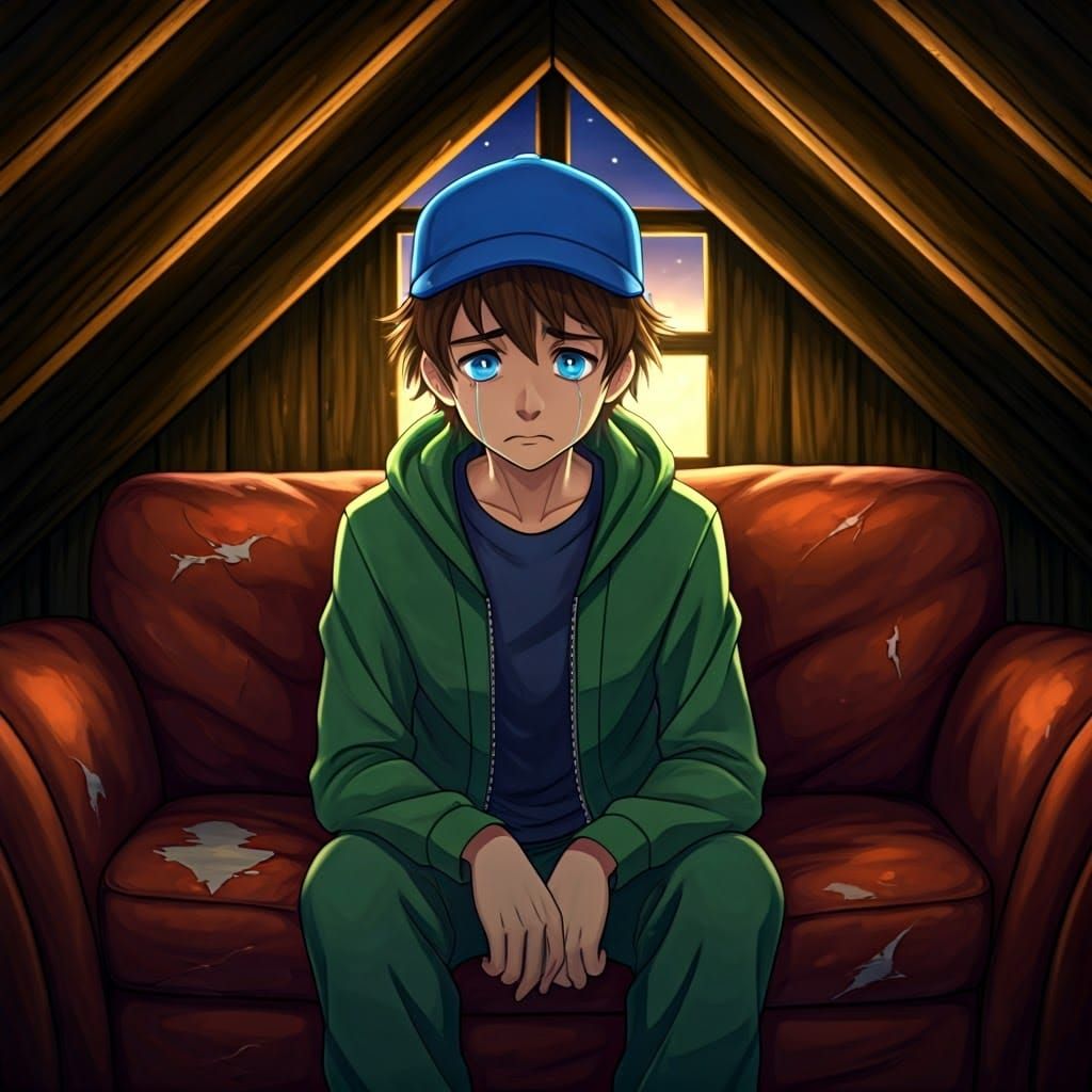 Sorrowful Pokémon Trainer in Cozy Attic Scene