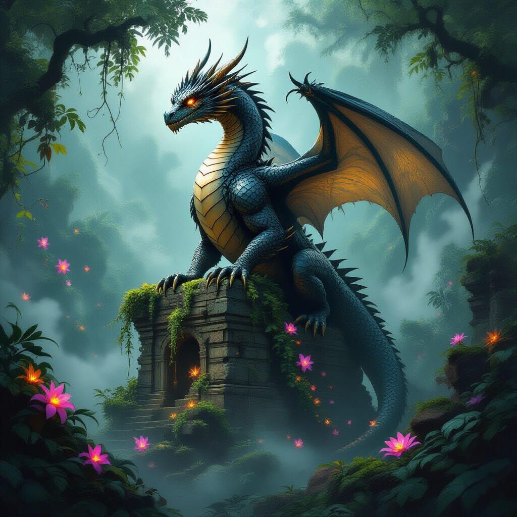 Ancient Obsidian Dragon on Ruin in Misty Jungle