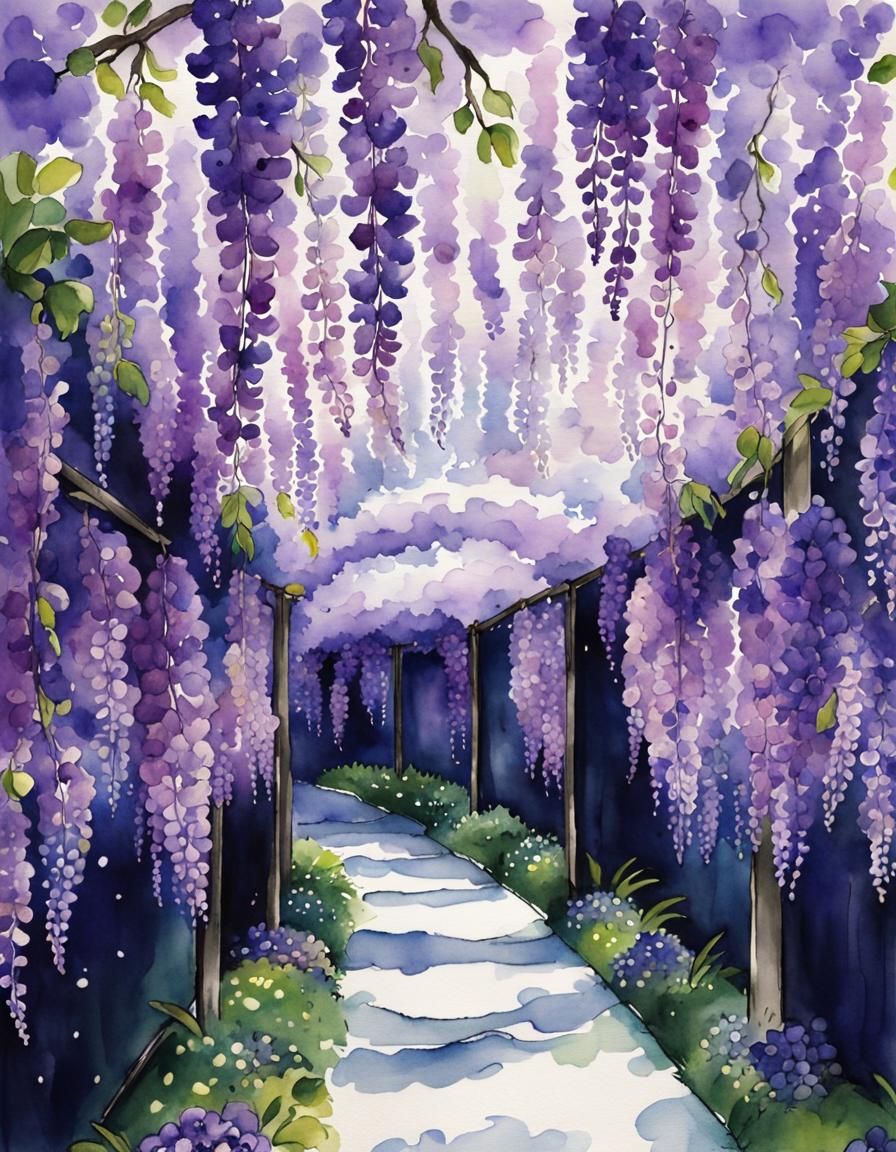 Vivid Wisteria Tunnel in Watercolour Painting Style
