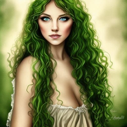 A Celtic woman, fill size portrait, red curly hair, green ey...