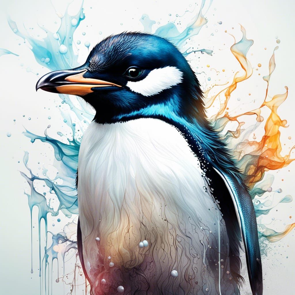 Adorable Chibi Cloud Penguin in Inkblot Art Style