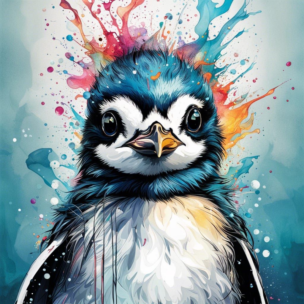 Chibi Cloud Penguin: Inkblot Oil Painting