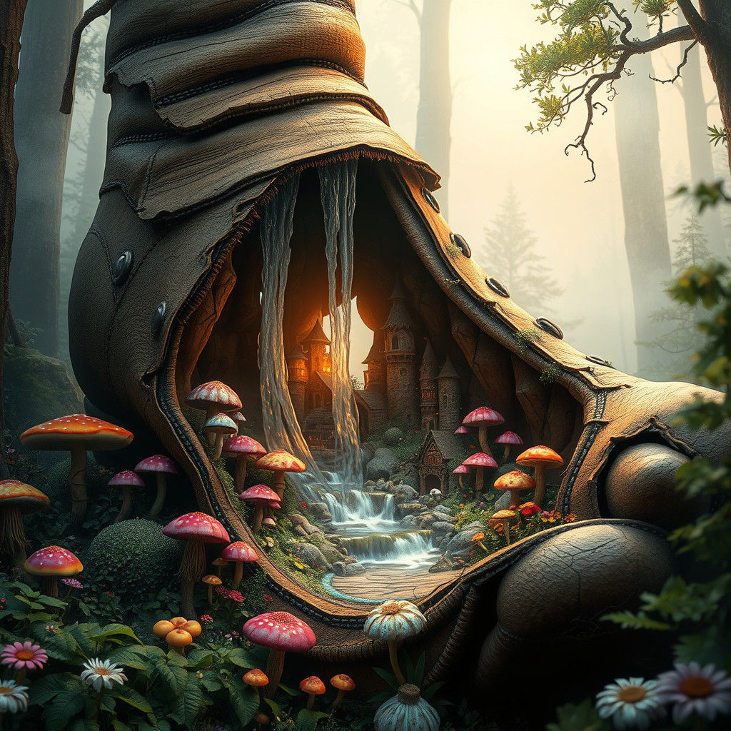 Miniature City Inside Shoe with Waterfall, Fantasy Art