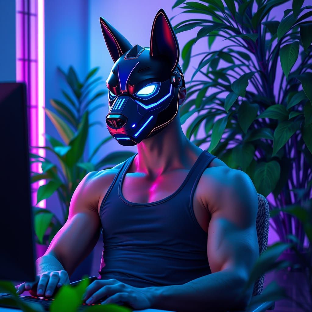 Lean Athlete Plays PC in Neon-Lit Apartment with Futuristic ...