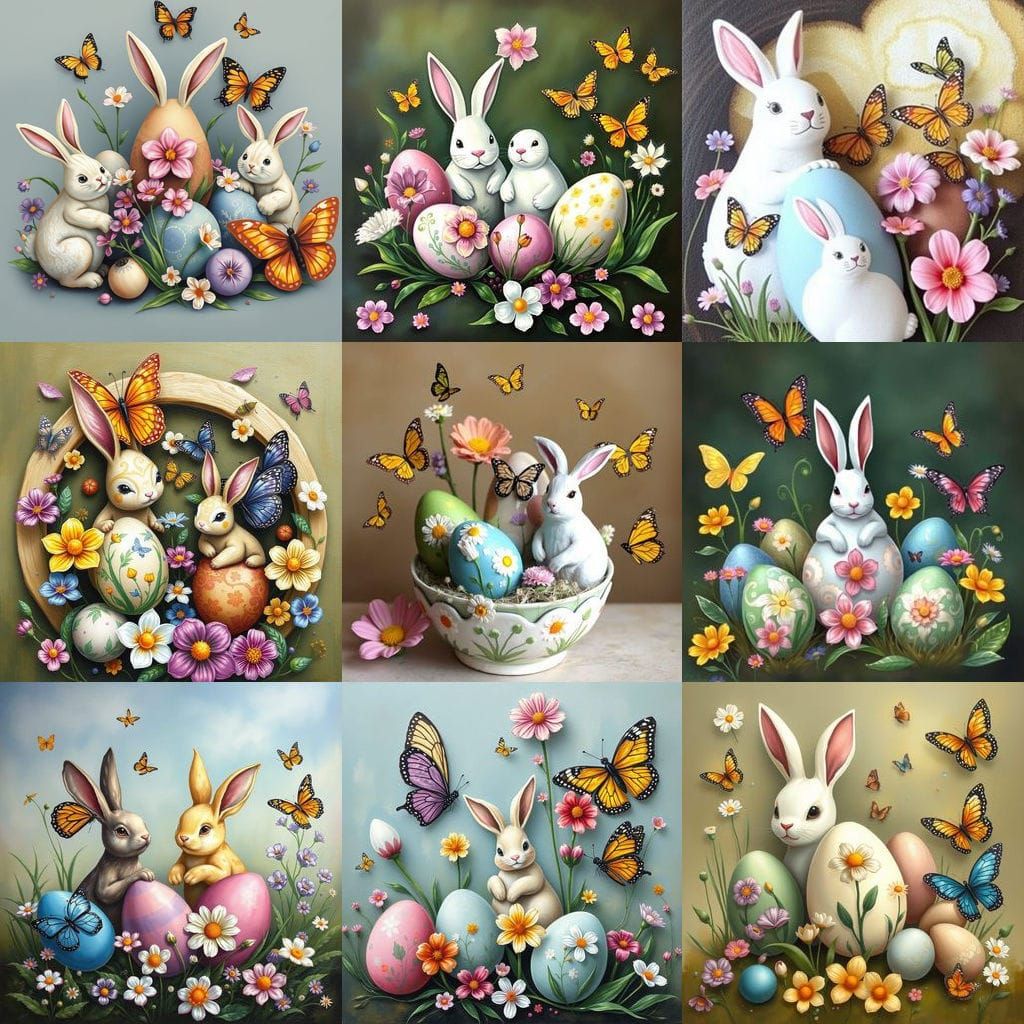 Image representing Ostara with faires, painting eggs, bunnies,  flowers and butterflies