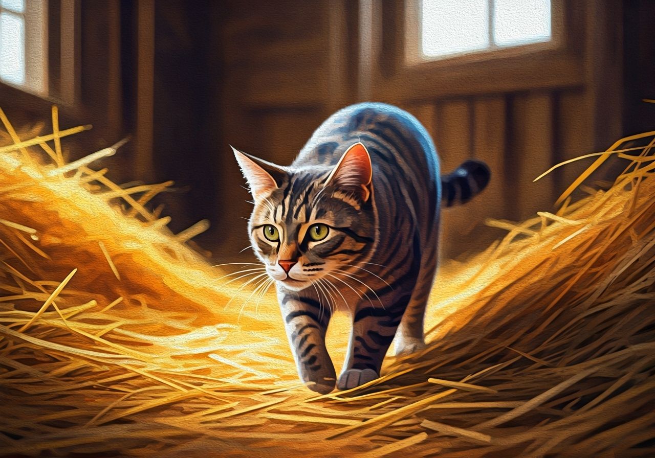 Tabby Cat Stalks Through Hay-Filled Barn in Watercolor