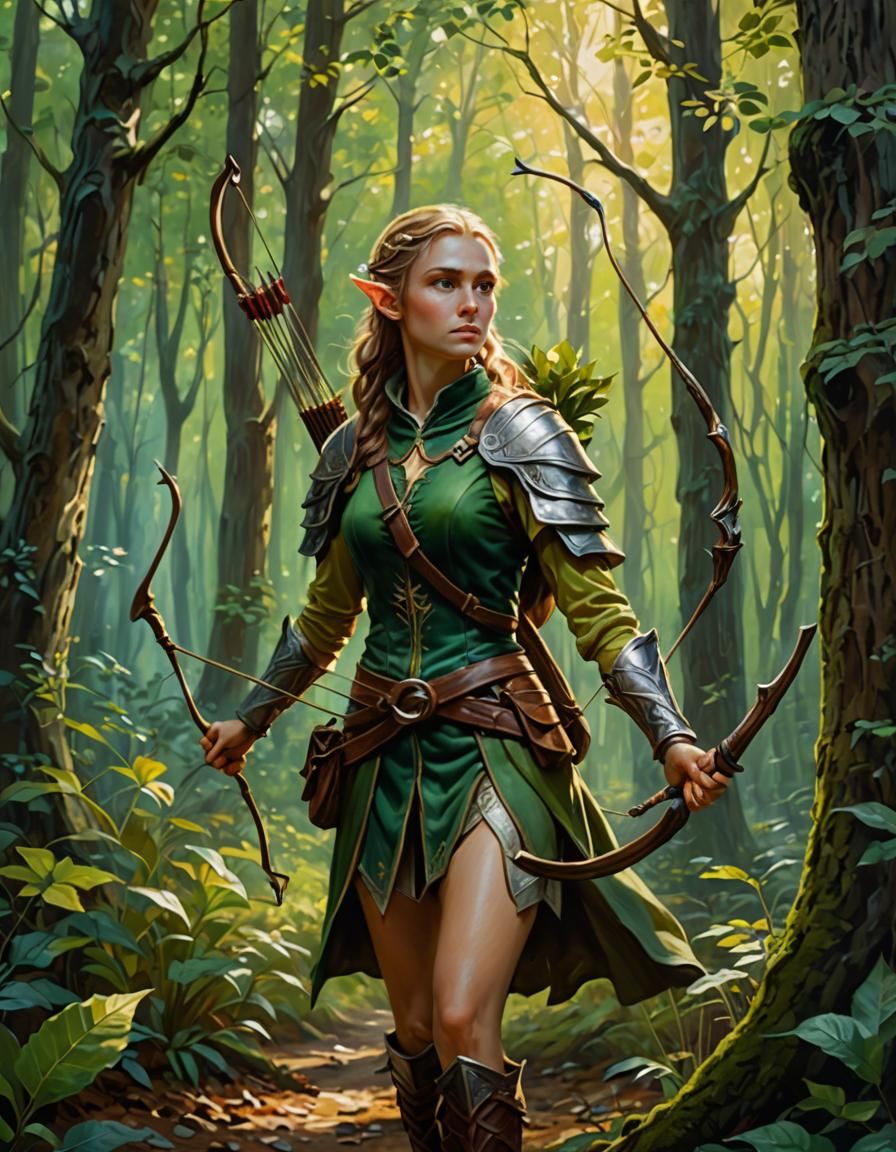 Enchanted Elf Ranger in Forest, as Oil Painting