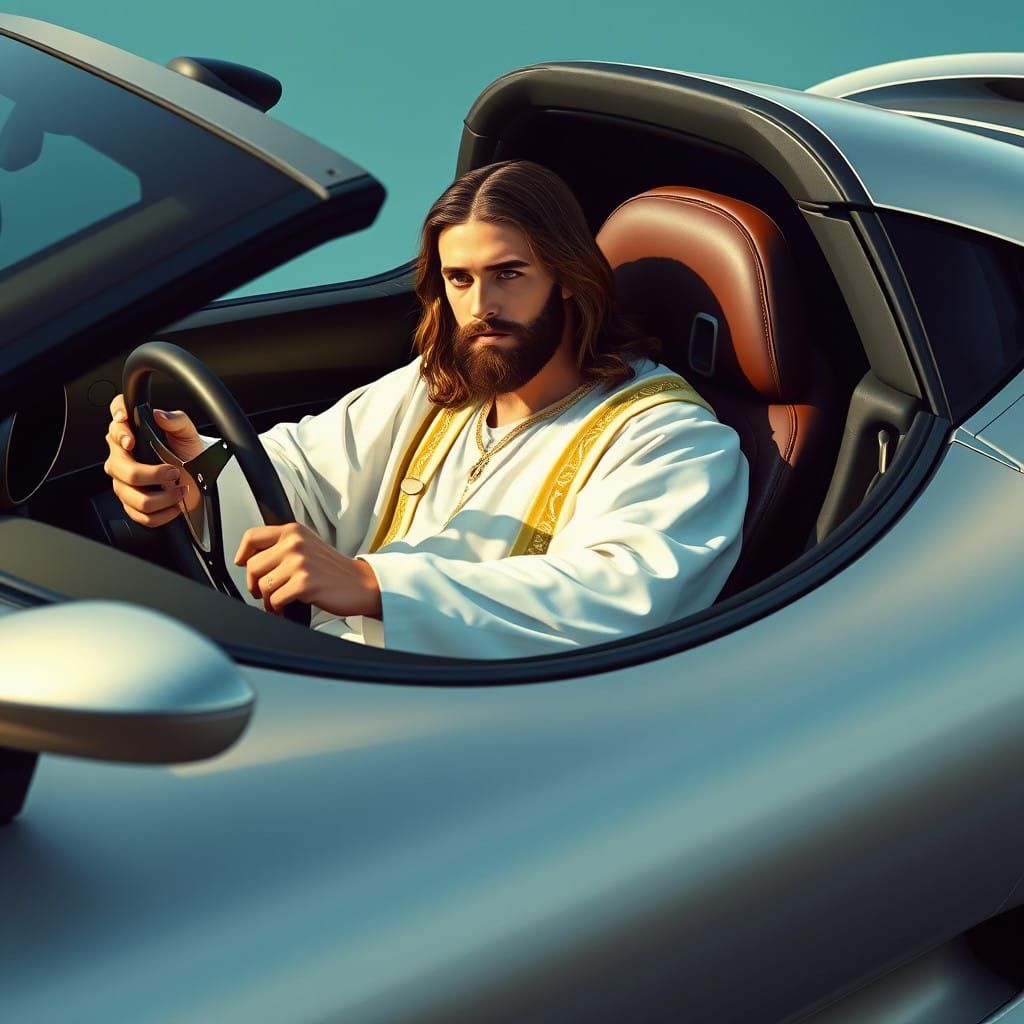 Jesus in a Metallic Silver Sports Car with Golden Accents