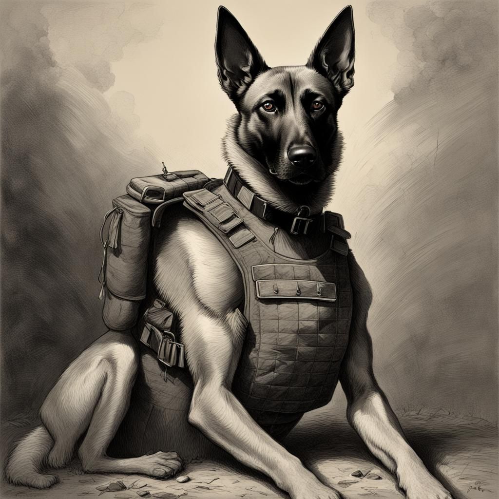 Belgian Malinois in Military Gear, Horror Style