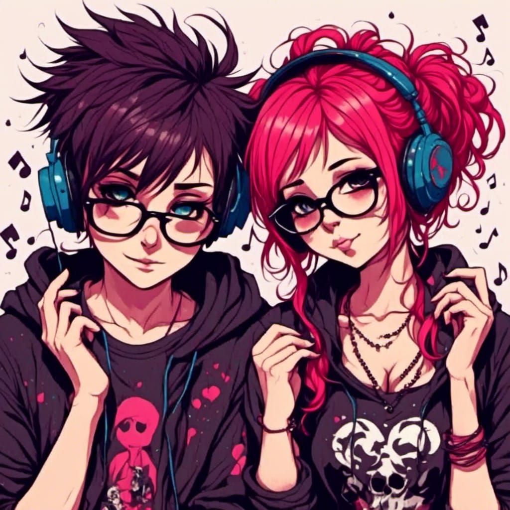 Anime Emo Couple Listening to Music