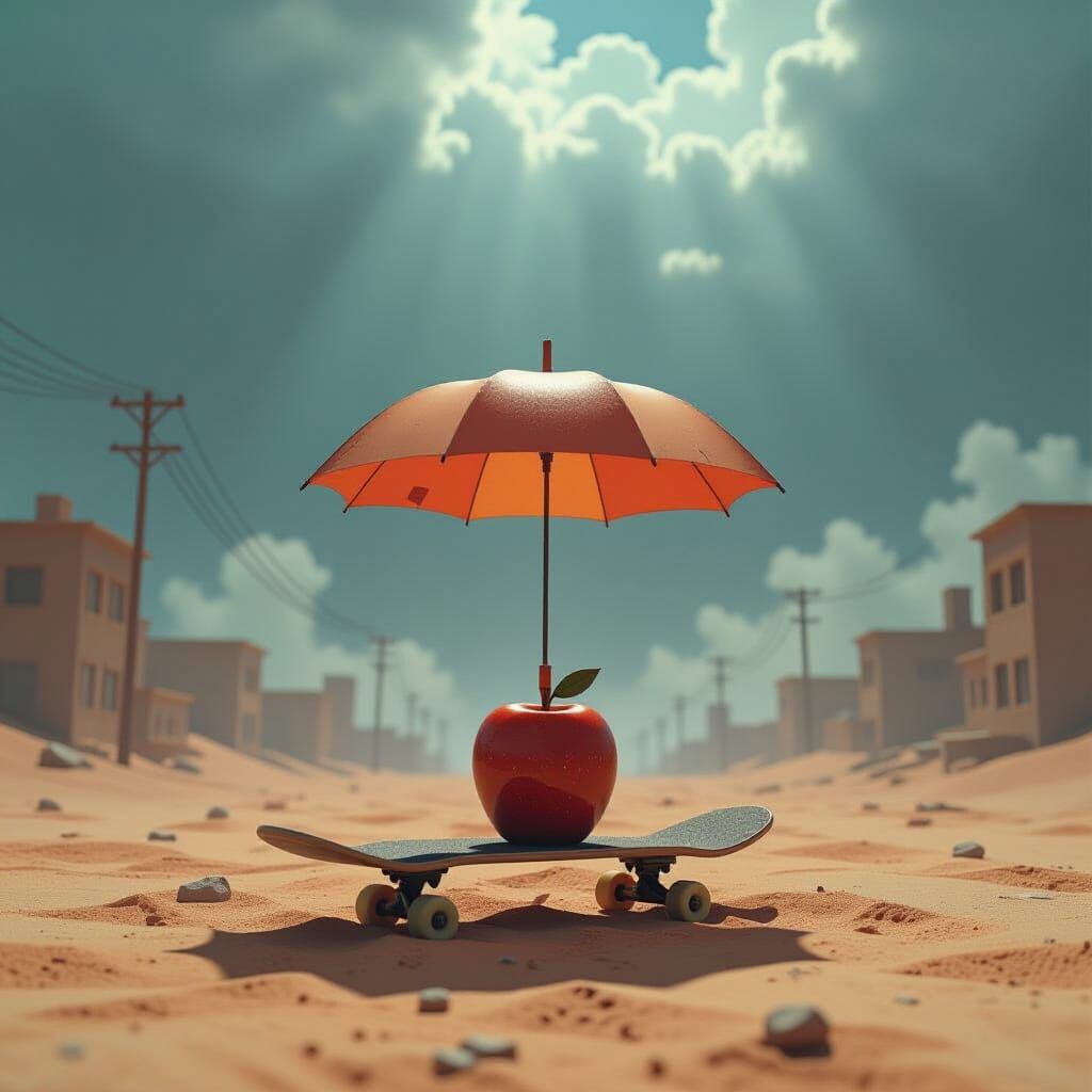 Surreal Apple, Umbrella, Skateboard in Dystopian City
