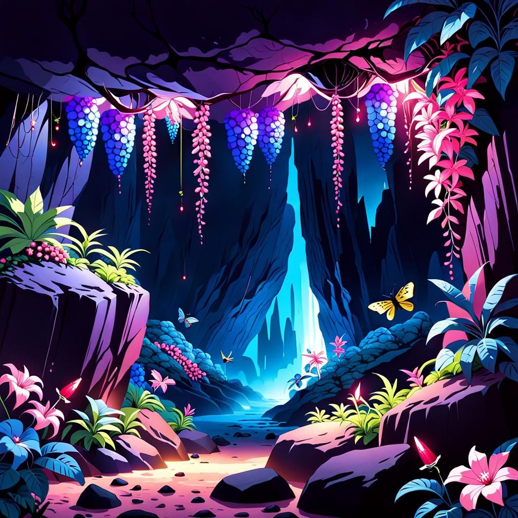 Glowing Cavern with Tropical Flora and Fauna