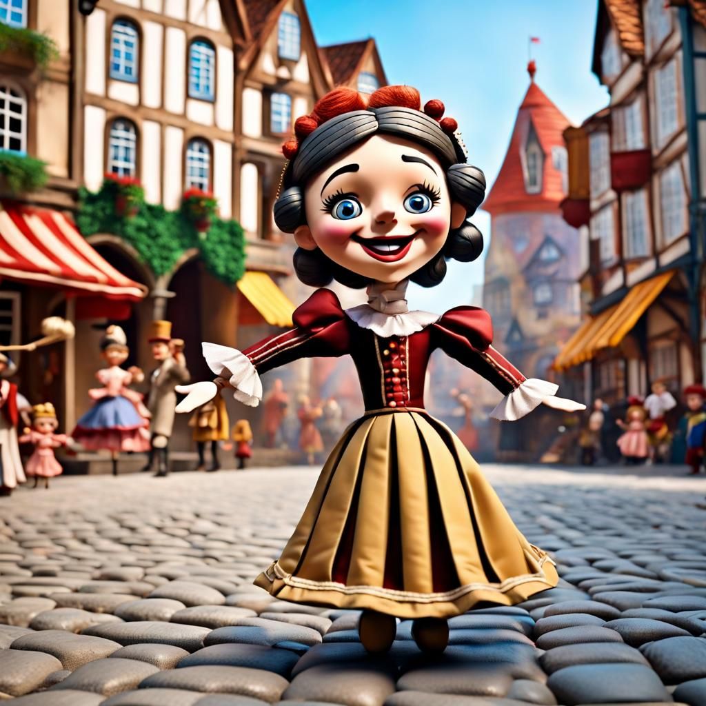 Marionette Princess Puppets Dancing in Cobblestone Square