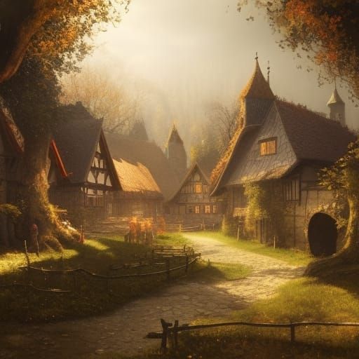 Medieval Village and Dark Forest in Sunlight