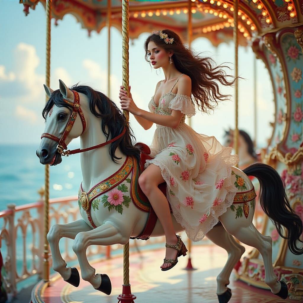 Woman on Carousel Horse in Art Nouveau Style