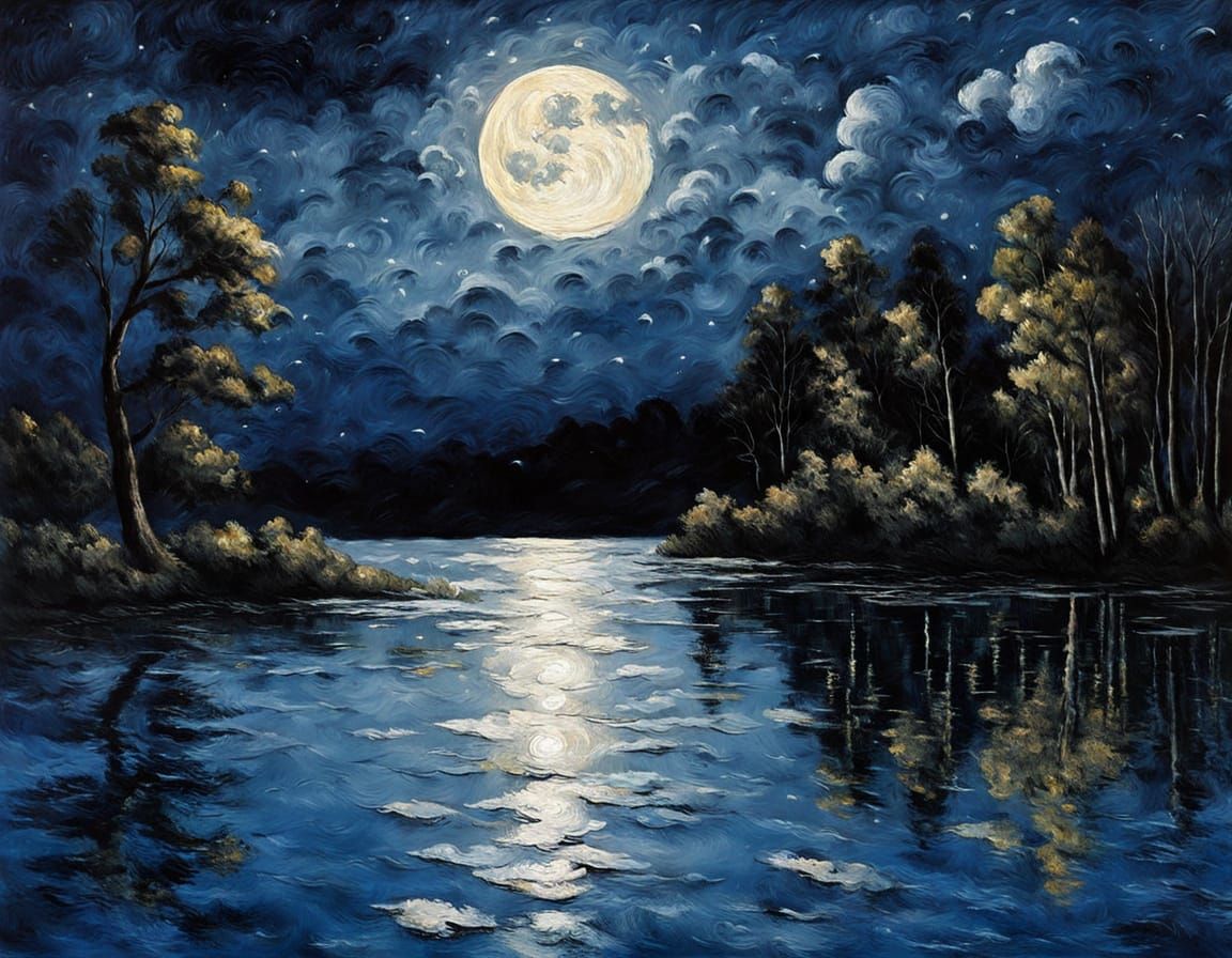 Moonlit Lake: Impasto Night Scene with Shimmering Reflection...