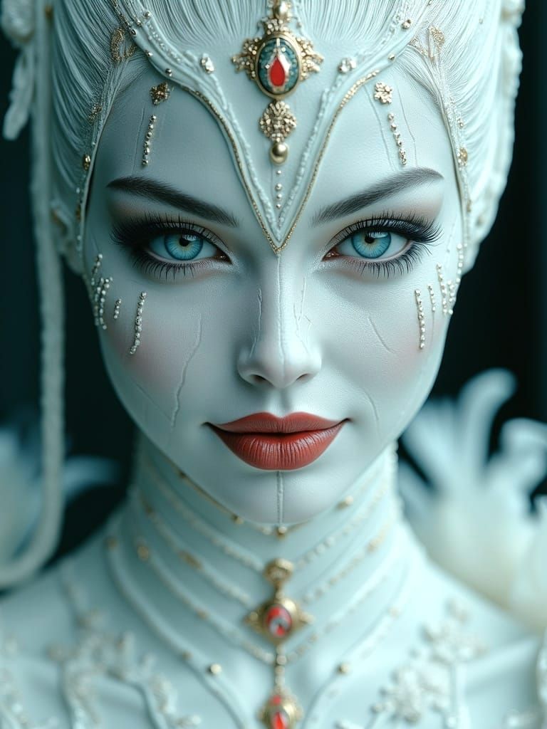 Ethereal Geisha Portrait in Cracked Porcelain Skin with Vibr...