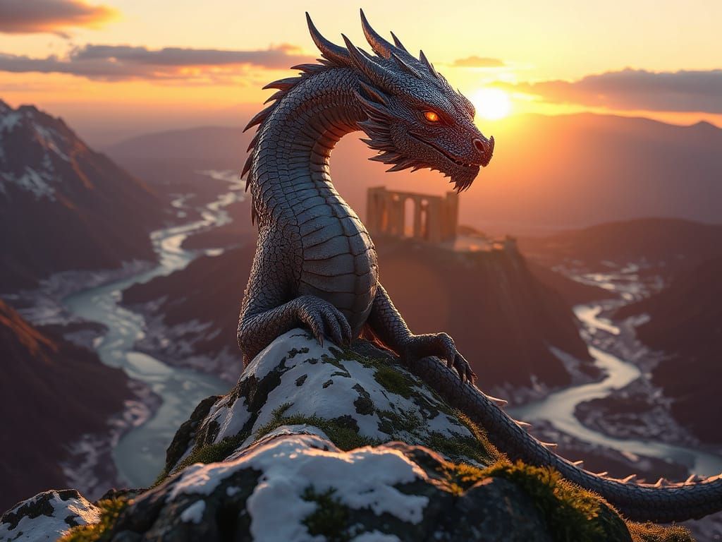 Regal Silver Draken at Twilight, Hyperrealistic Art