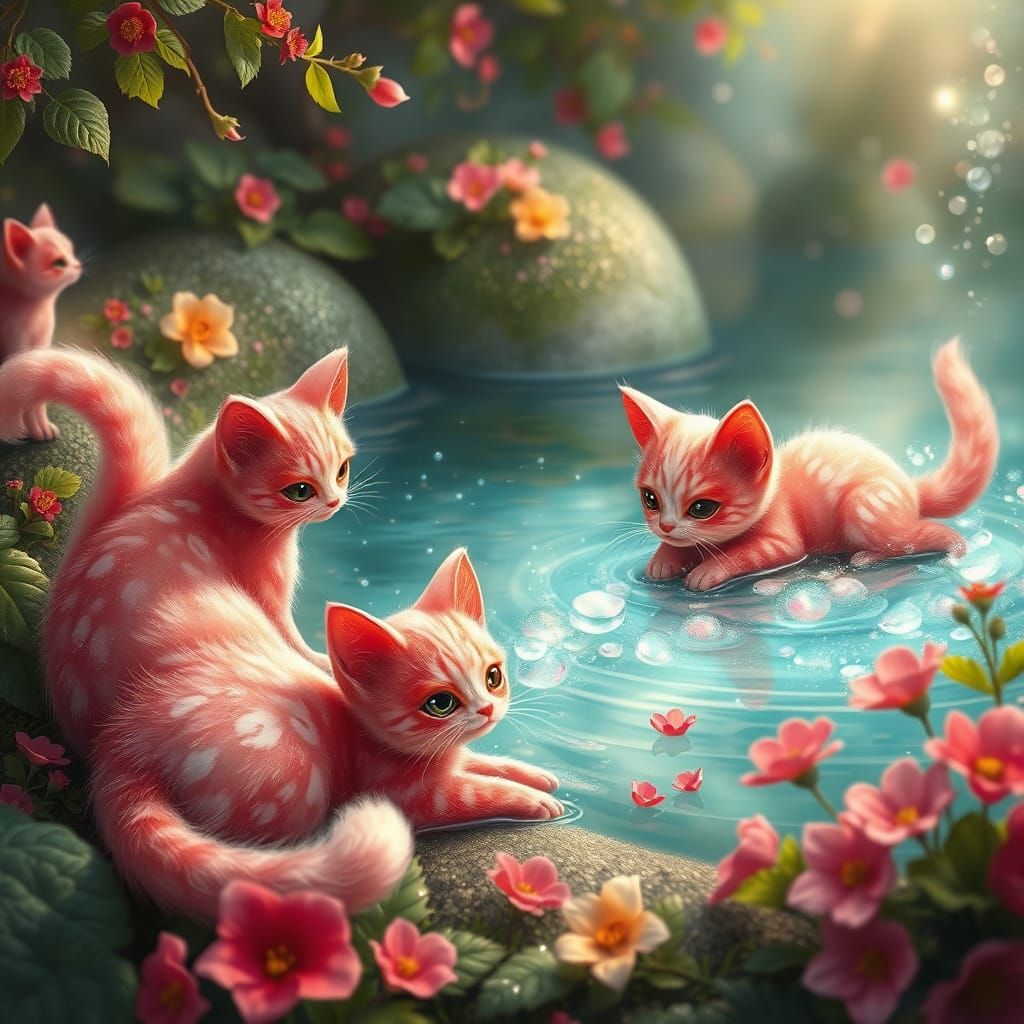 Frolicking Whimsical Feline Friends in a Dreamy Soda Lake Pa...