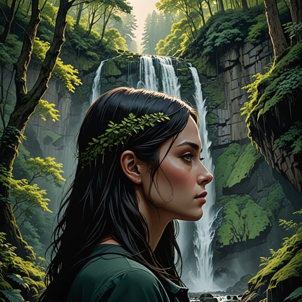 Imagine a forest  scene leading to a waterfall in the distan...