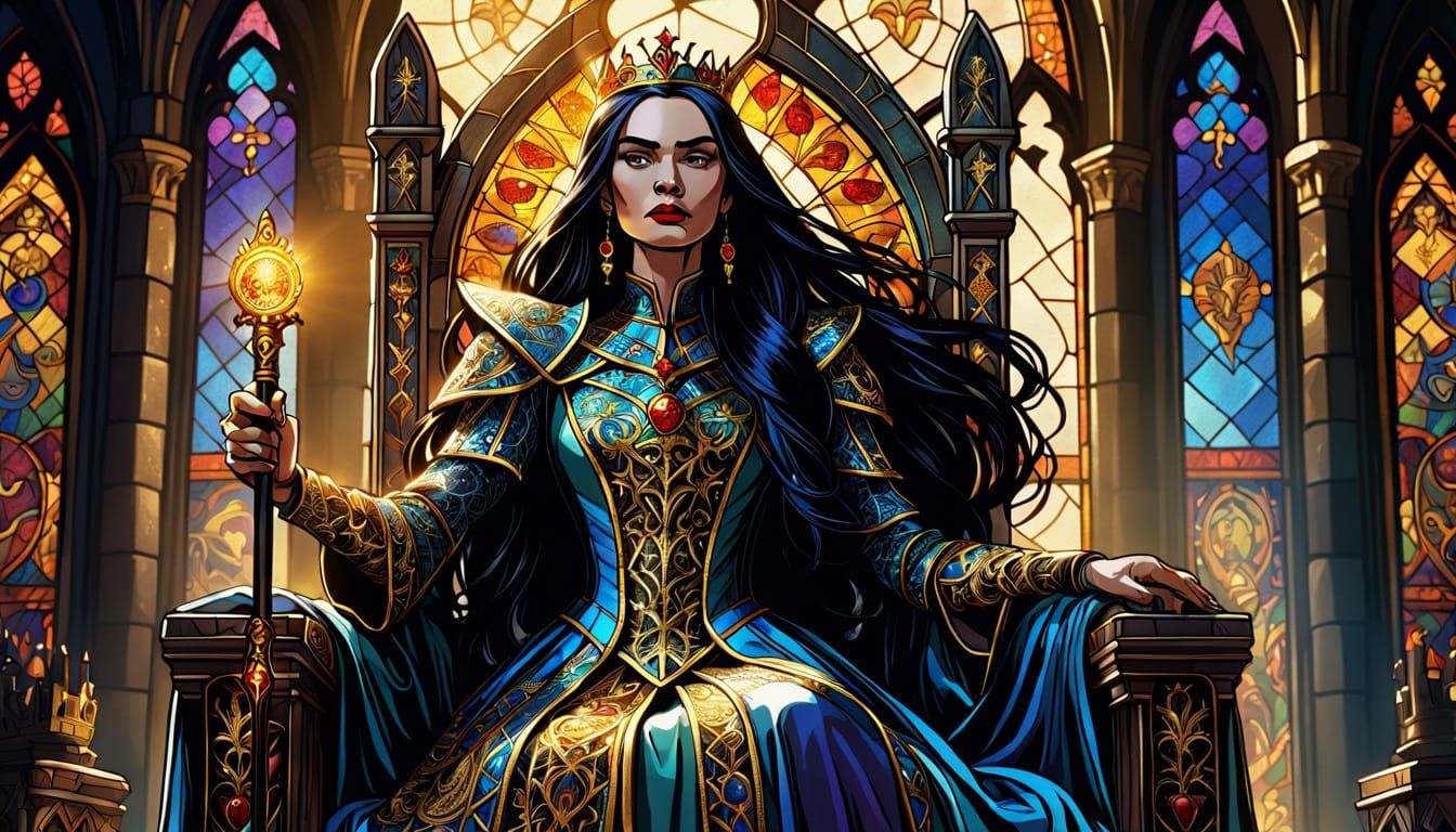 Medieval Queen on Throne in Comic Art Style