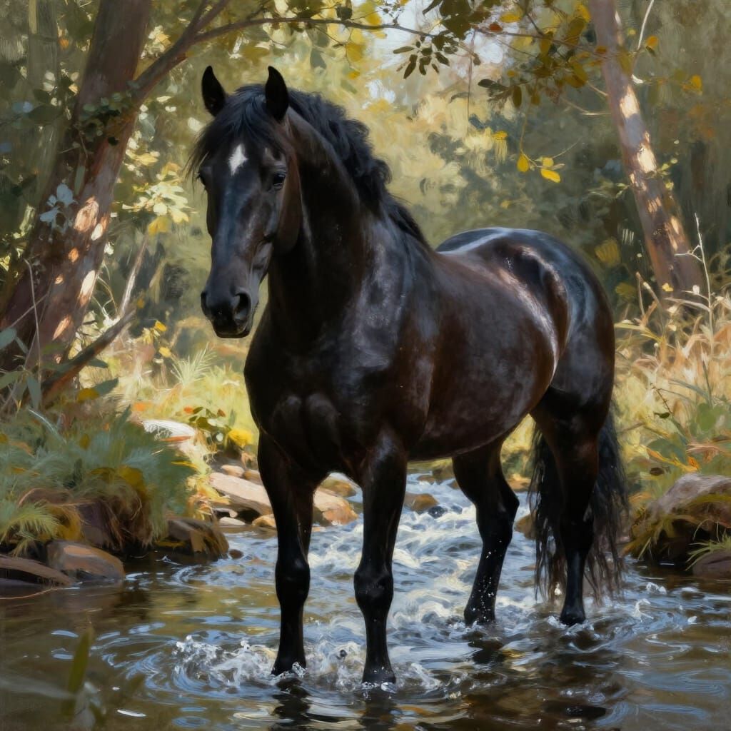 Majestic Black Stallion by Winding Creek in Painterly Style