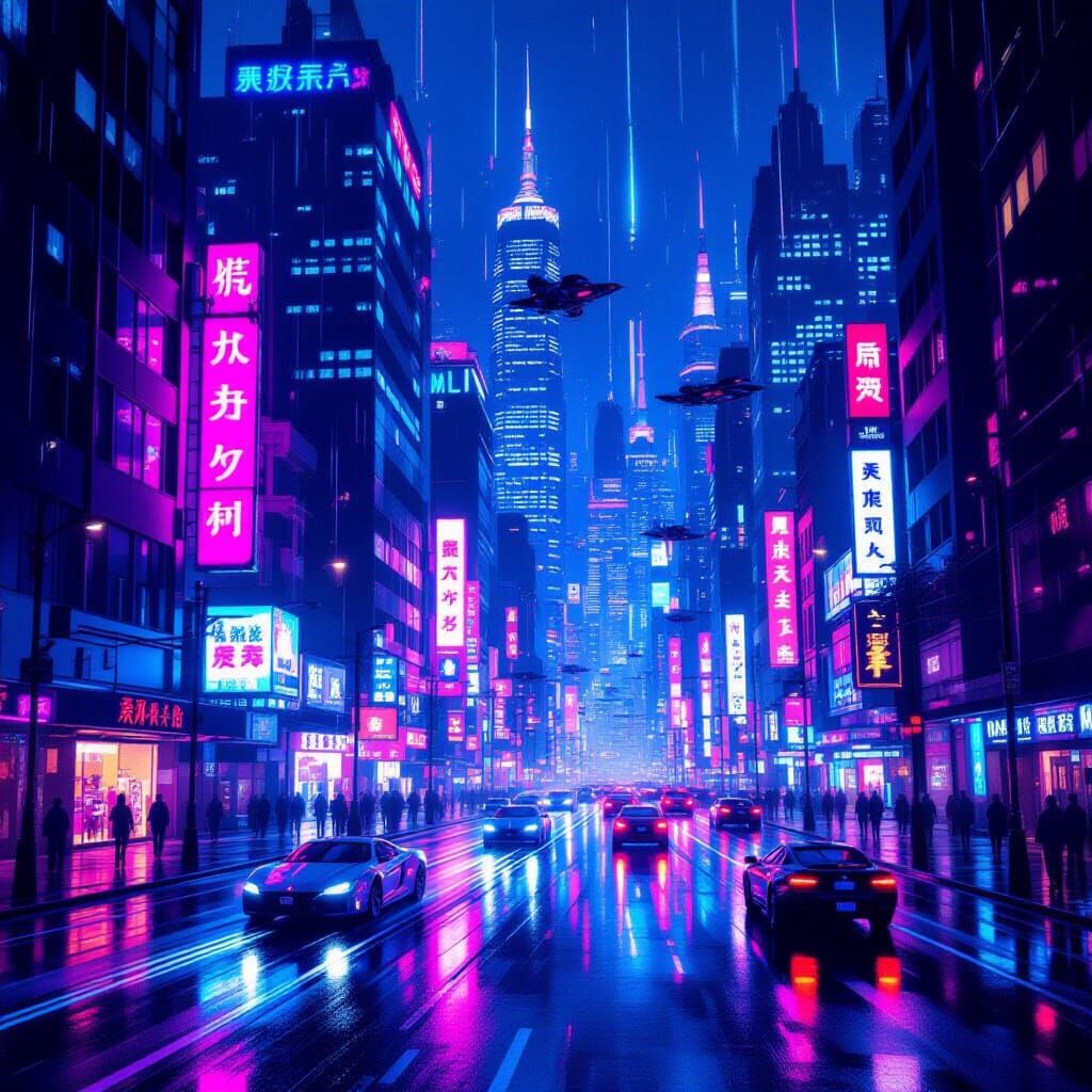 Vibrant Neon Cityscape at Night in Cyberpunk Style