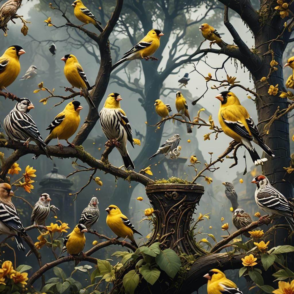 Detailed Songbirds in a Fantastical Digital Painting