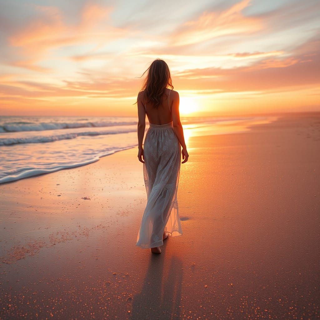 Woman on Opal Beach at Sunrise in Dreamy Style