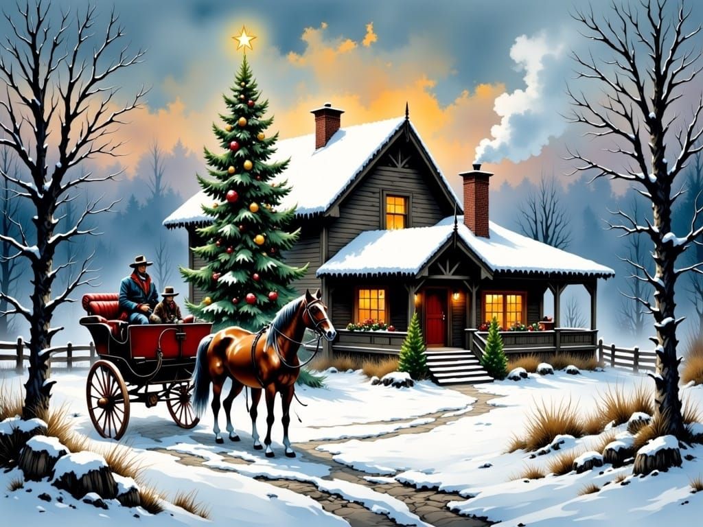 Festive Christmas Cottage in Snowy Winter Landscape
